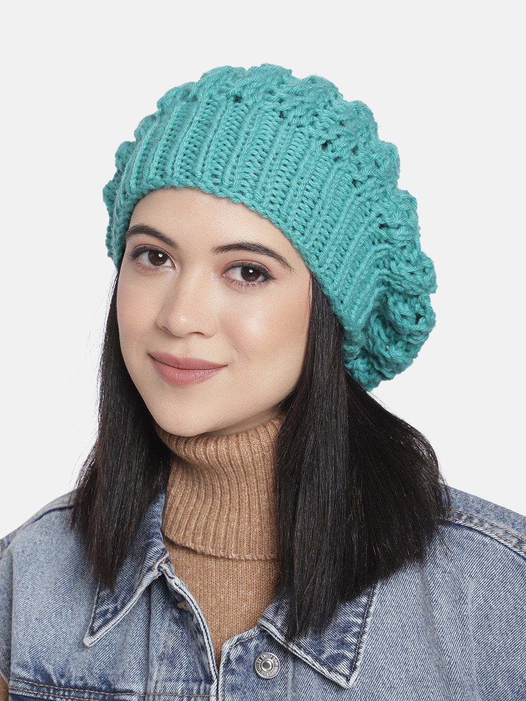 Magic Needles Women Sea Green Self Design Beanie