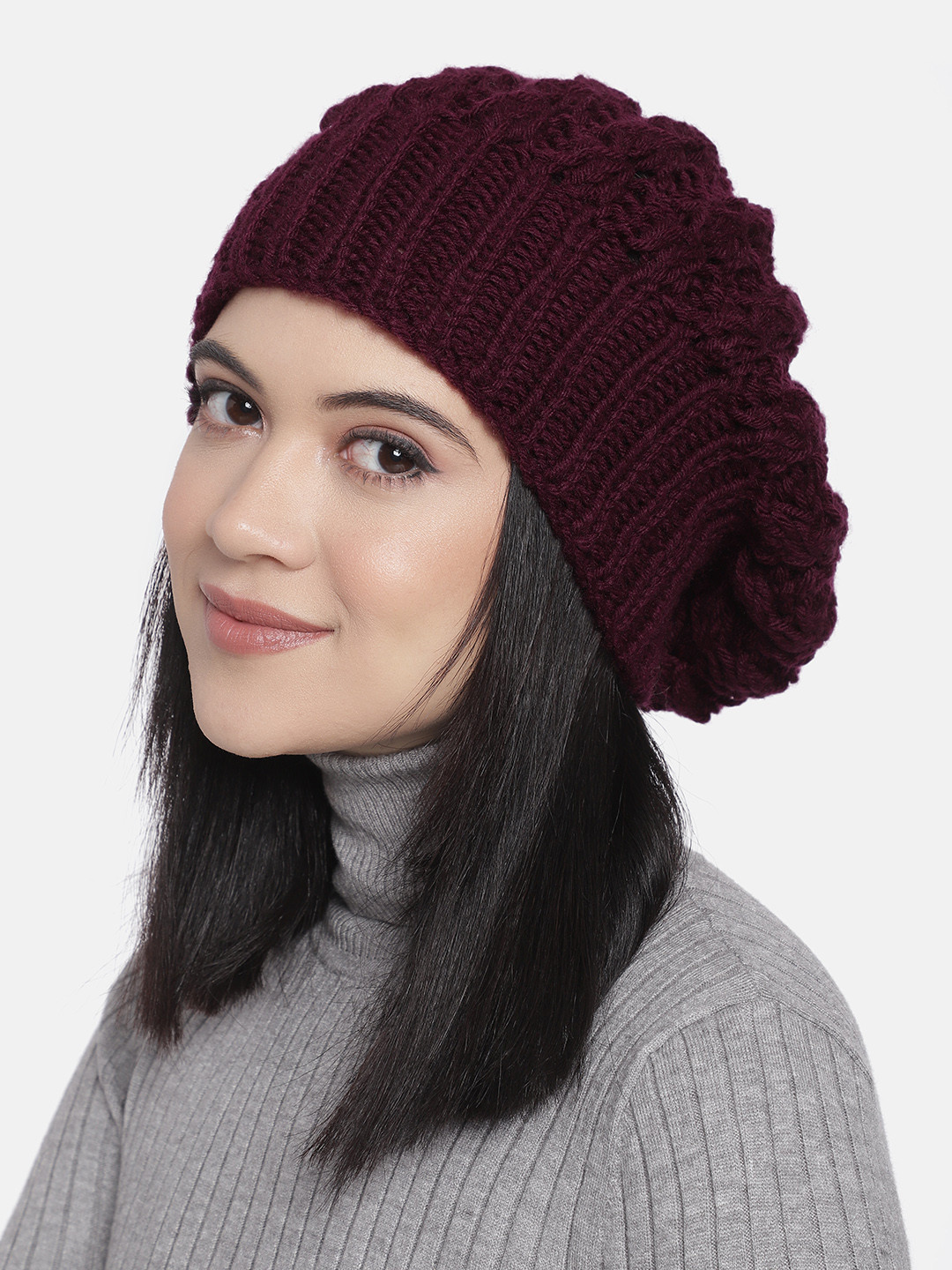 Magic Needles Women Burgundy Self Design Handmade Beanie