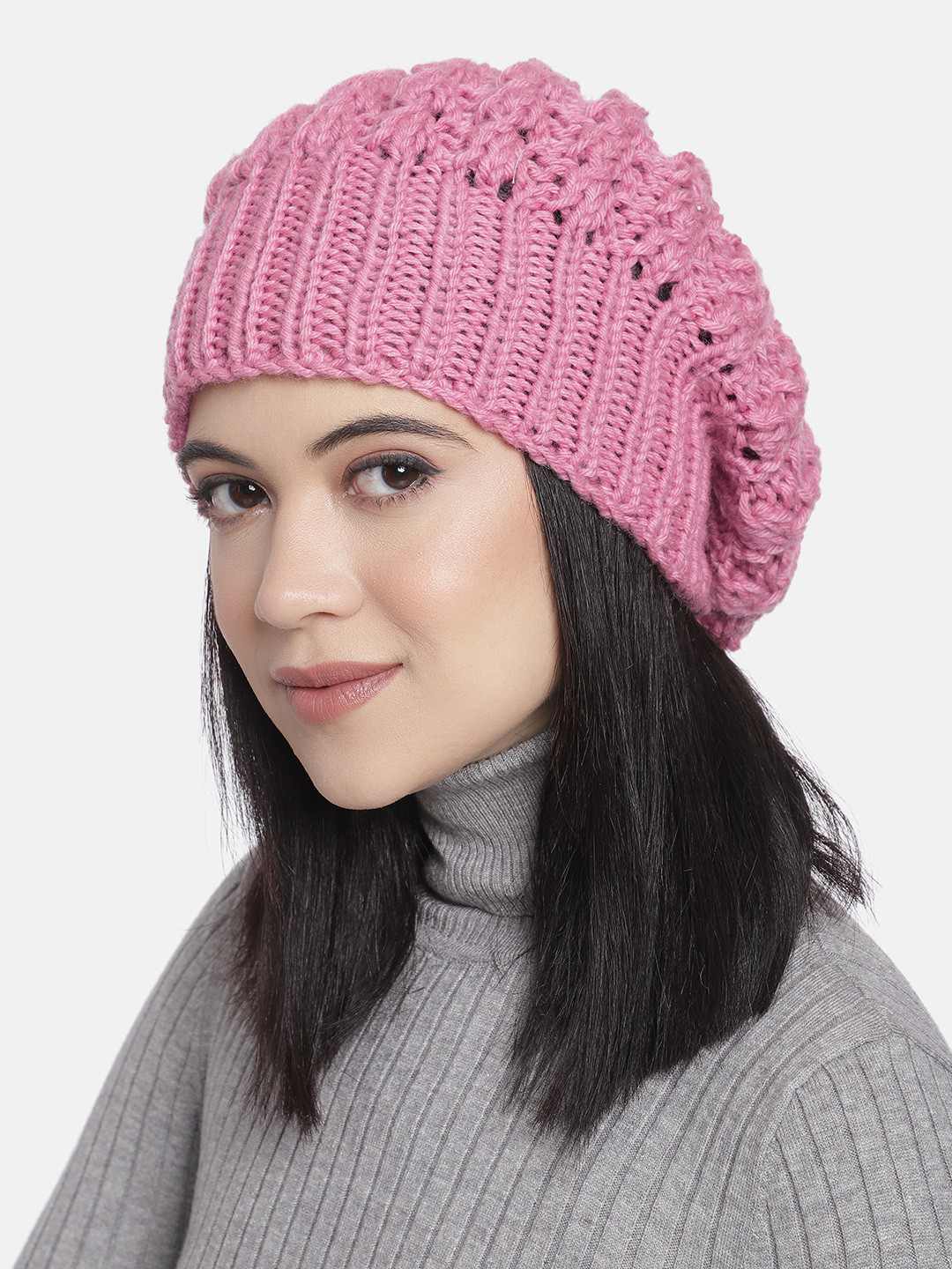 Magic Needles Women Pink Handmade Knit Slouchy Shroom Woollen Beanie