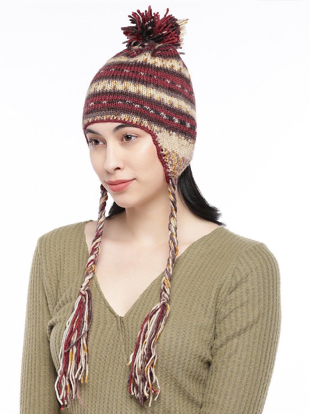 Magic Needles Women Red & Beige Printed Beanie