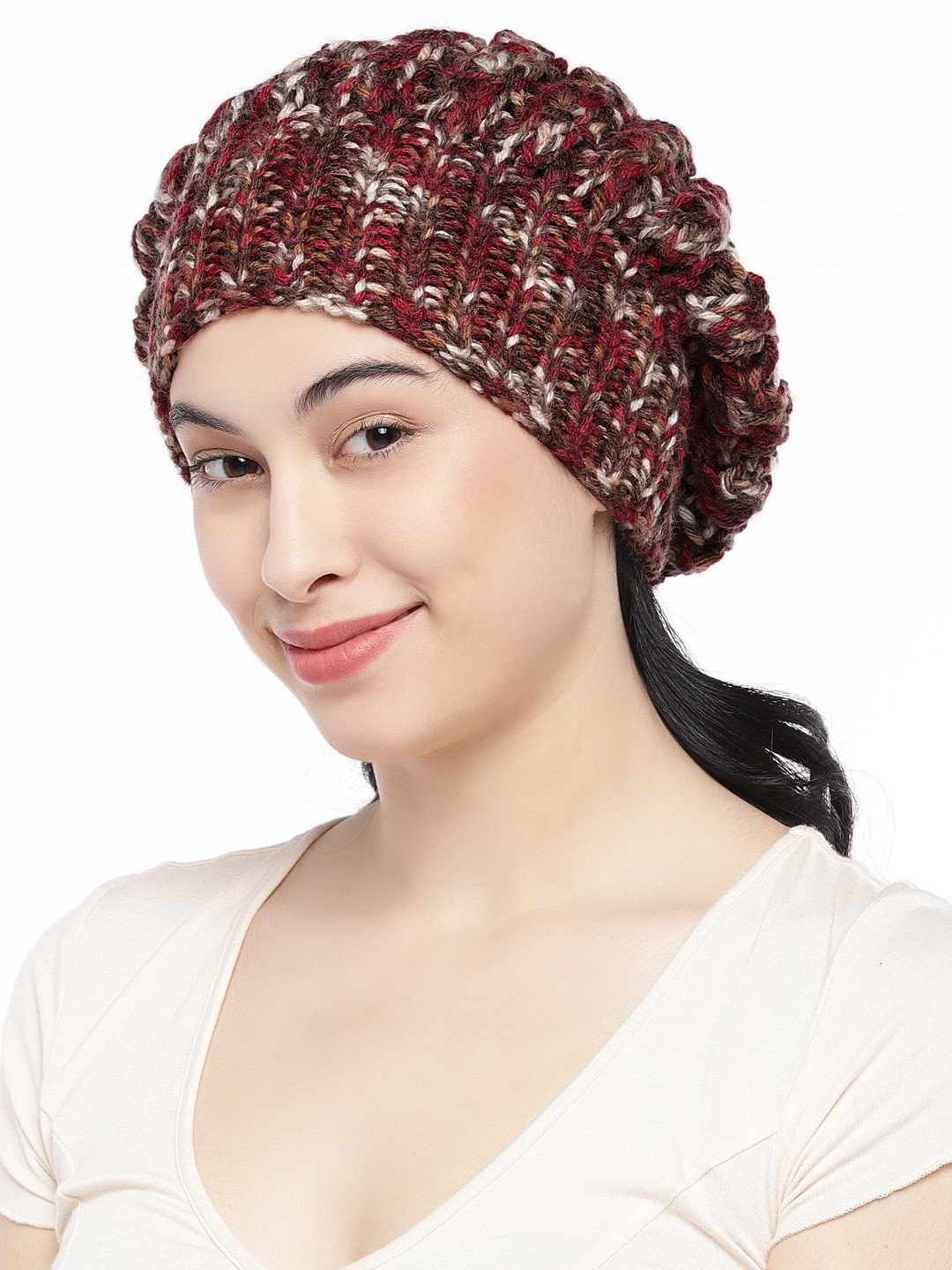 Magic Needles Women Maroon & Cream-Coloured Self Design Beanie
