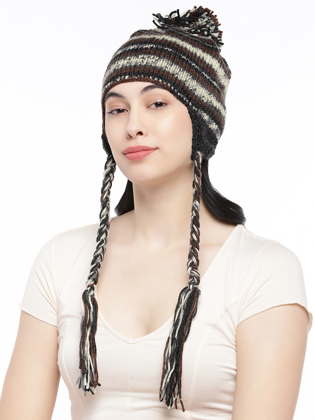 Magic Needles Women Black & Beige Printed Wollen Beanie