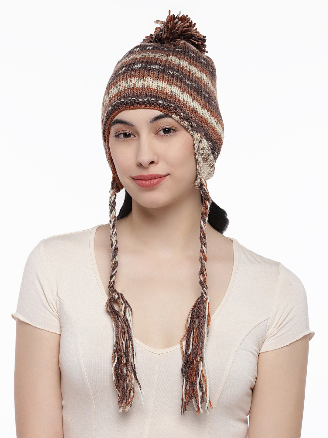 Magic Needles Women Brown & Beige Printed Wollen Beanie