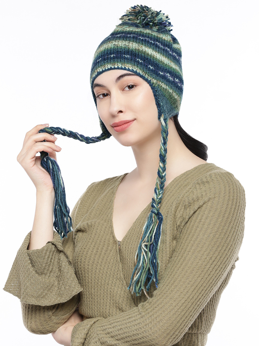Magic Needles Women Green & Beige Printed Wollen Beanie