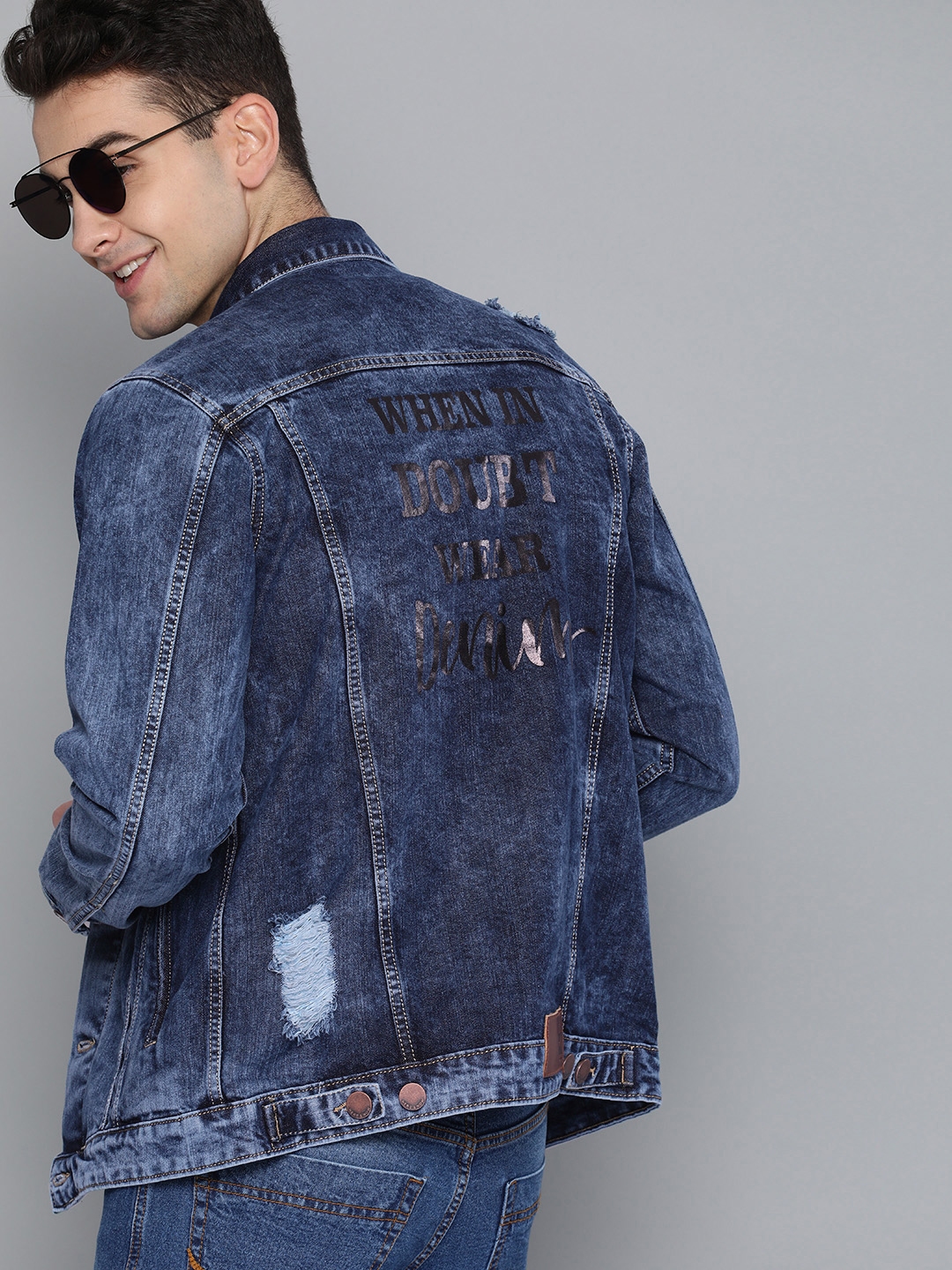 HERE NOW Men Navy Blue Solid Distressed Denim Jacket