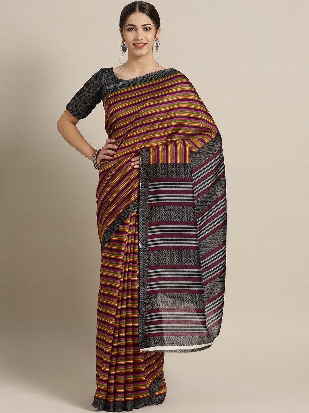 Saree mall Mustard Yellow & Purple Striped Saree