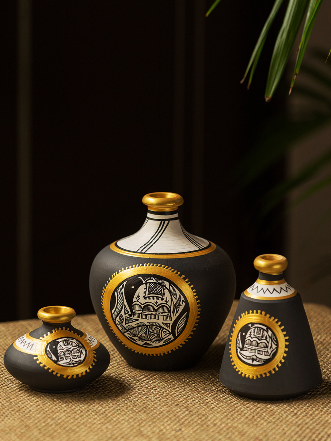 ExclusiveLane Set of 3 Black Hand-Painted Madhubani Jet Black Matkis Terracotta Vases