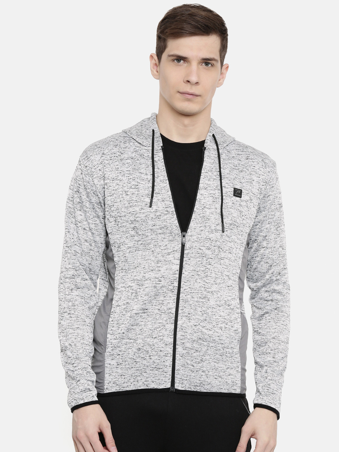Proline Active Men Grey Melange Solid Hooded Sweatshirt