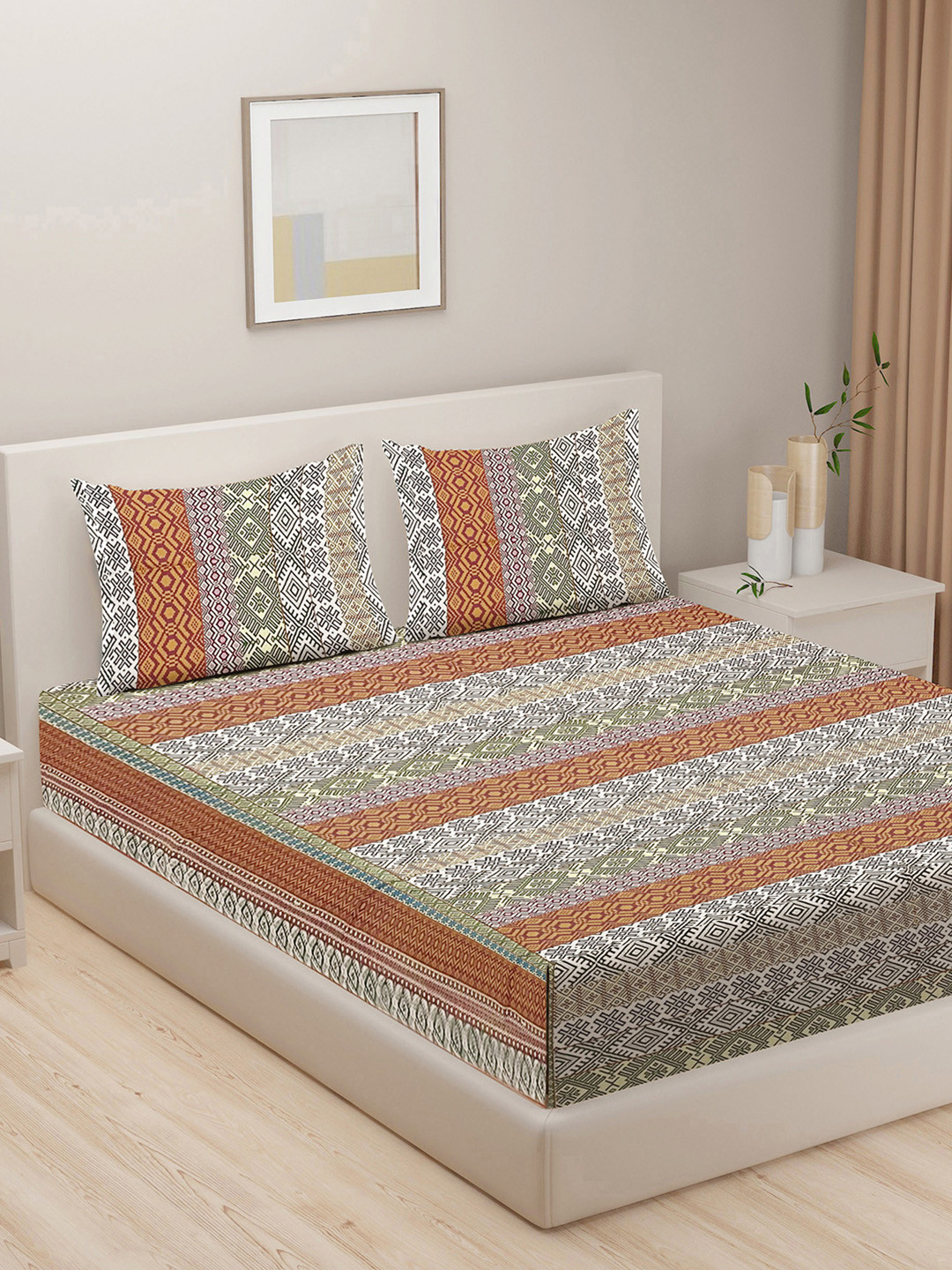 SWAYAM Rust Ethnic Motifs Pure Cotton 180 TC Fitted Queen Superfine Bedsheet with 2 Pillow Covers-190 x 198 cm
