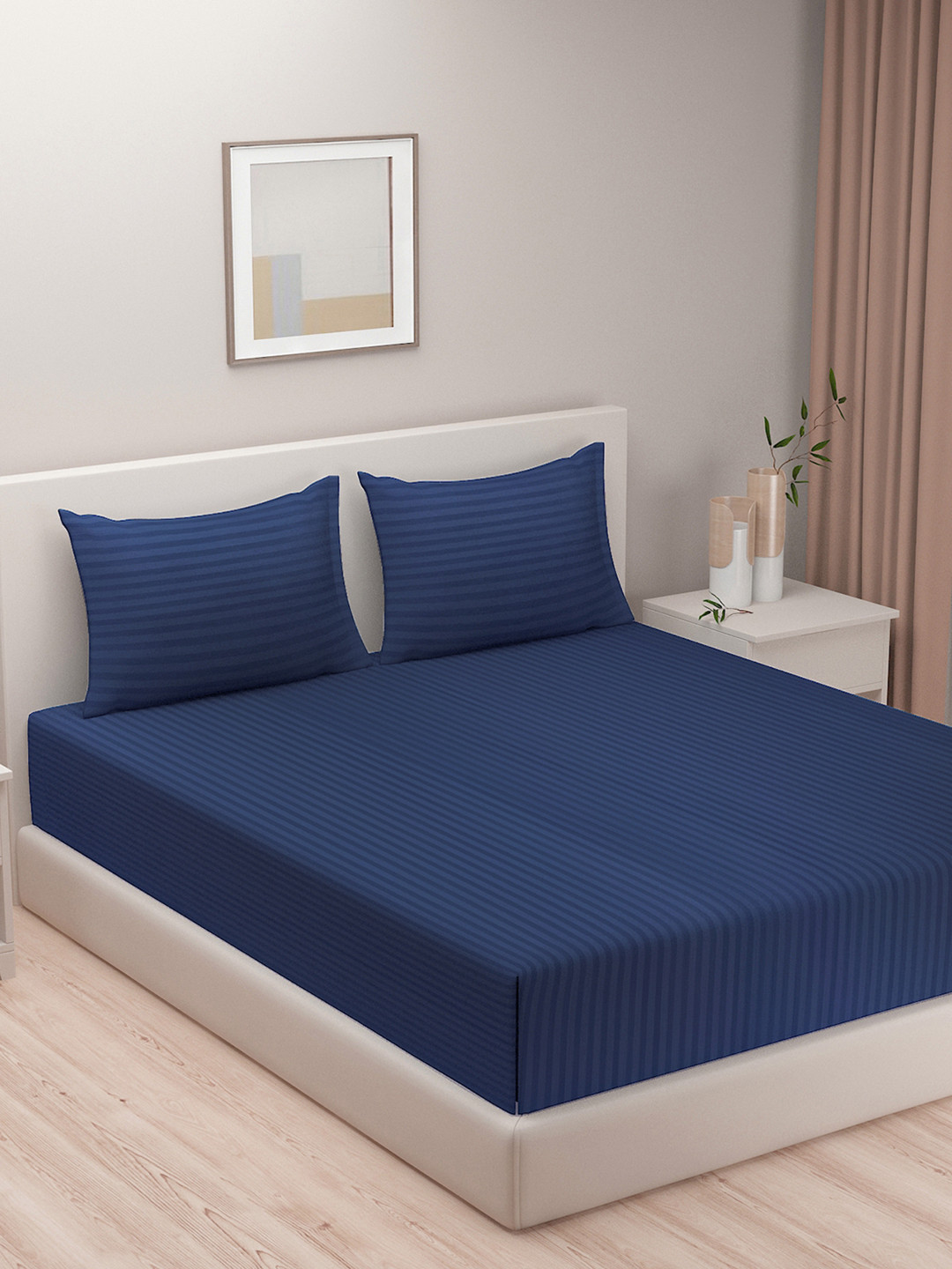 SWAYAM Blue Striped Cotton 300 TC King Superfine Bedsheet with 2 Pillow Covers-90 x 108 inches
