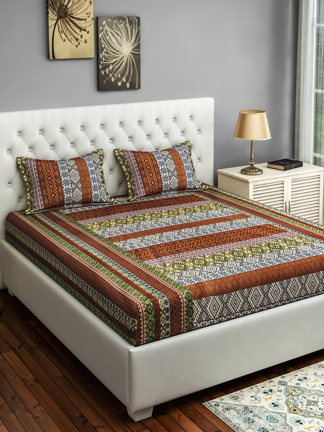 SWAYAM Rust & Beige Geometric 250 TC Cotton 1 Double King Bedsheet with 2 Pillow Covers