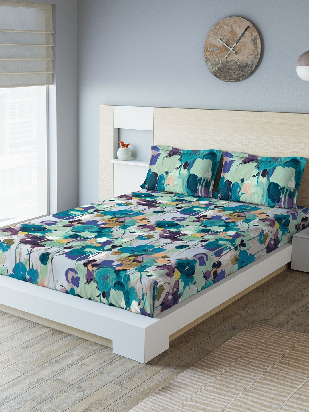 DDecor Blue Abstract 140 TC Cotton 1 King Bedsheet with 2 Pillow Covers