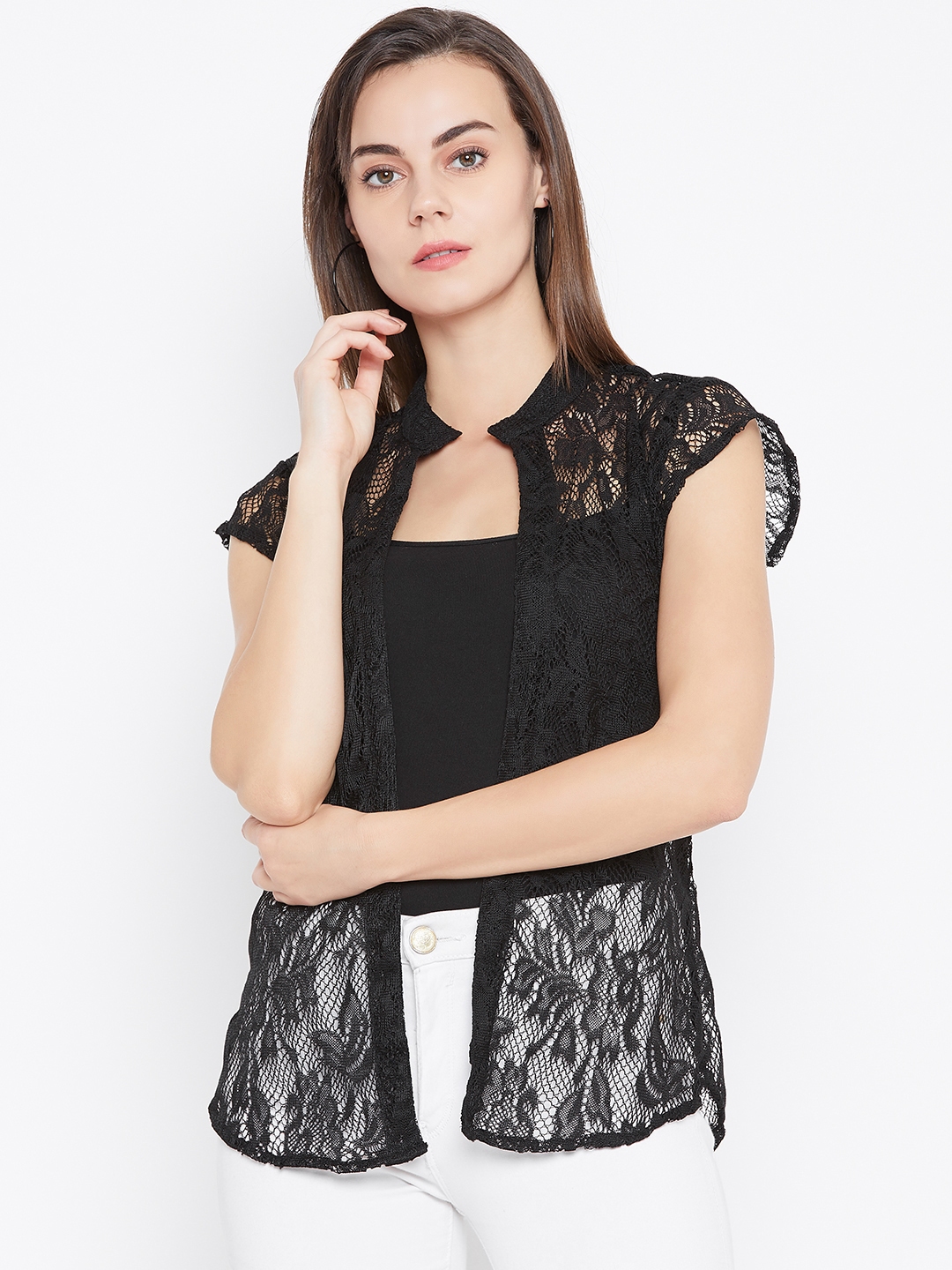 Cottinfab Women Black Lace Open Front Shrug