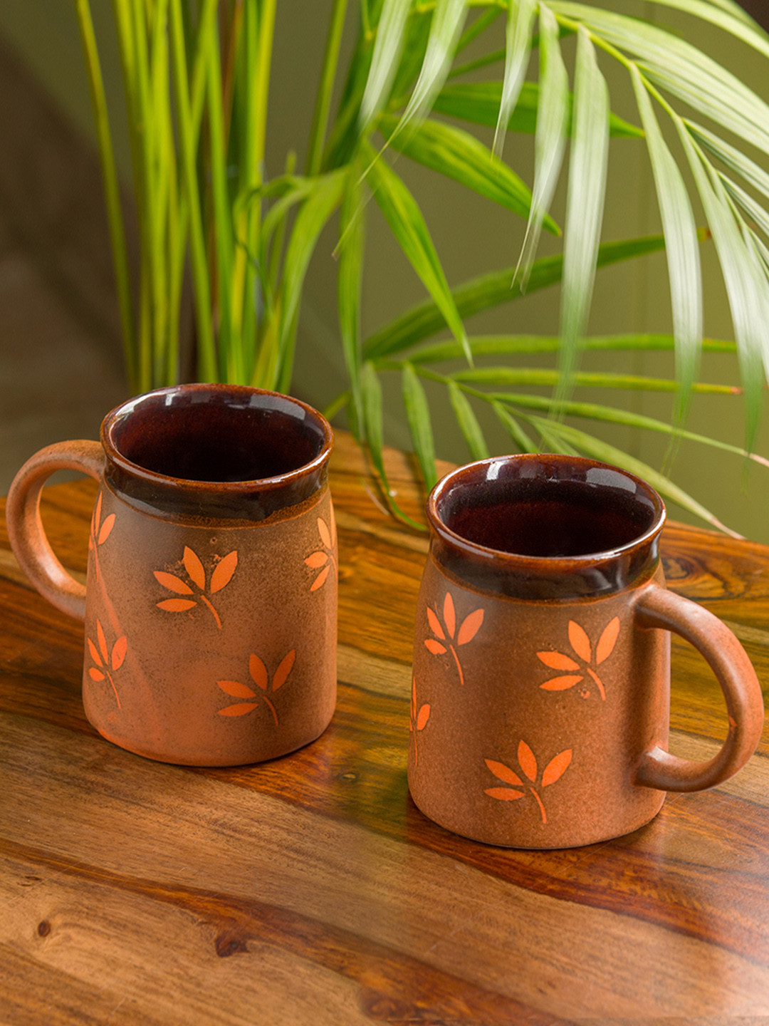 ExclusiveLane Goa Doodle Artwork Orange Leaf Ceramic Handmade 2 Piece Mugs-400ml