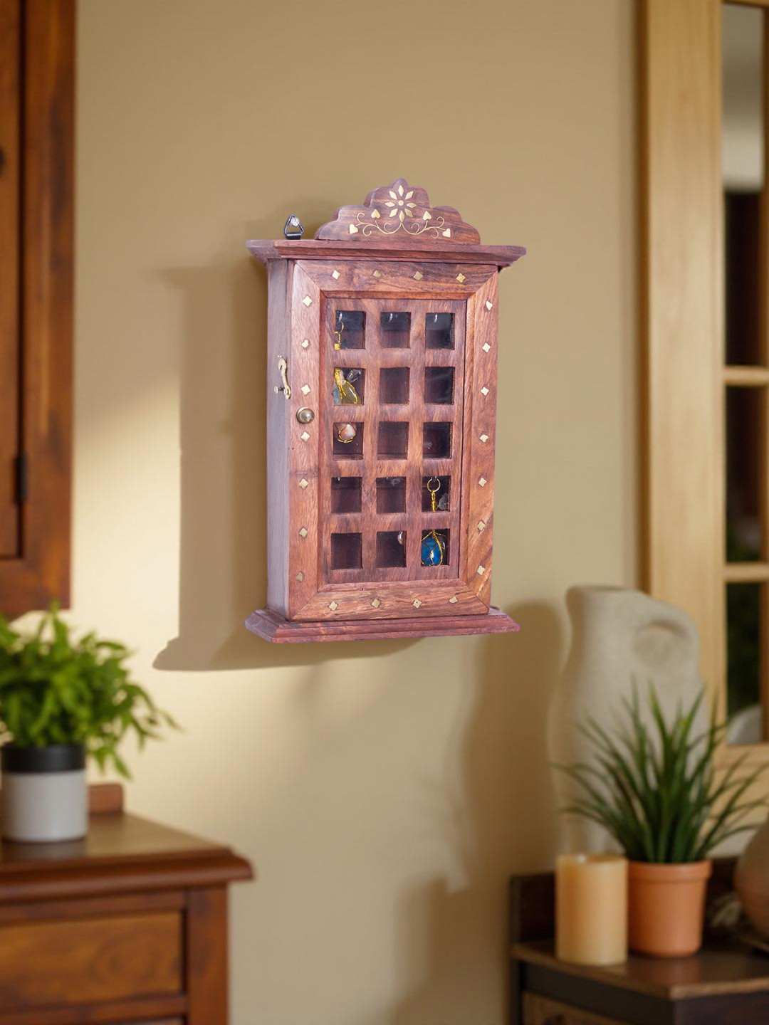 Golden Peacock Brown Wall Mounted Handcrafted Key Holder