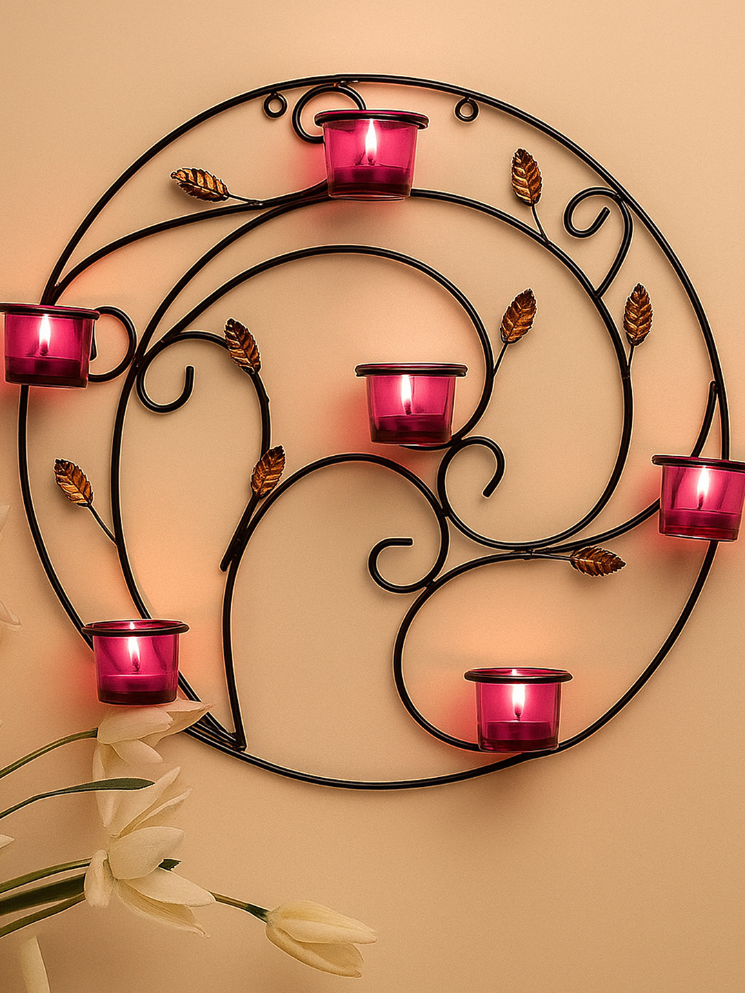 Homesake Pink Round Leafy Touch Wall Tealight Holder with 6 Cups