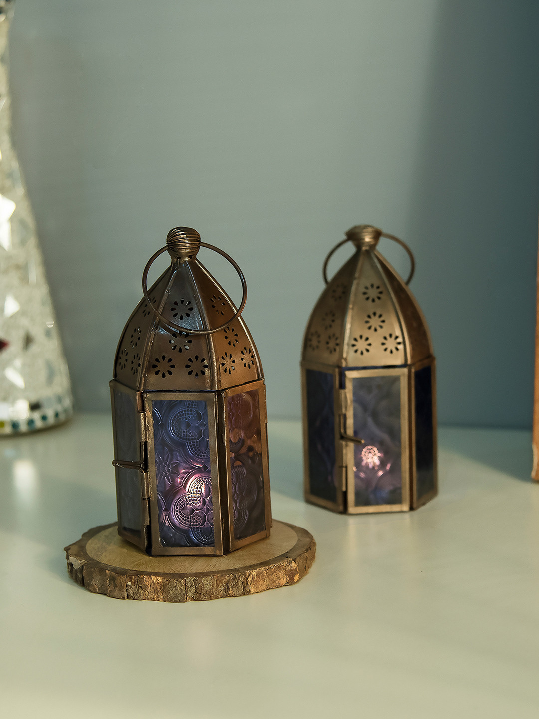 Homesake Set of 2 Copper-Toned Self Design Moroccan Table Lanterns