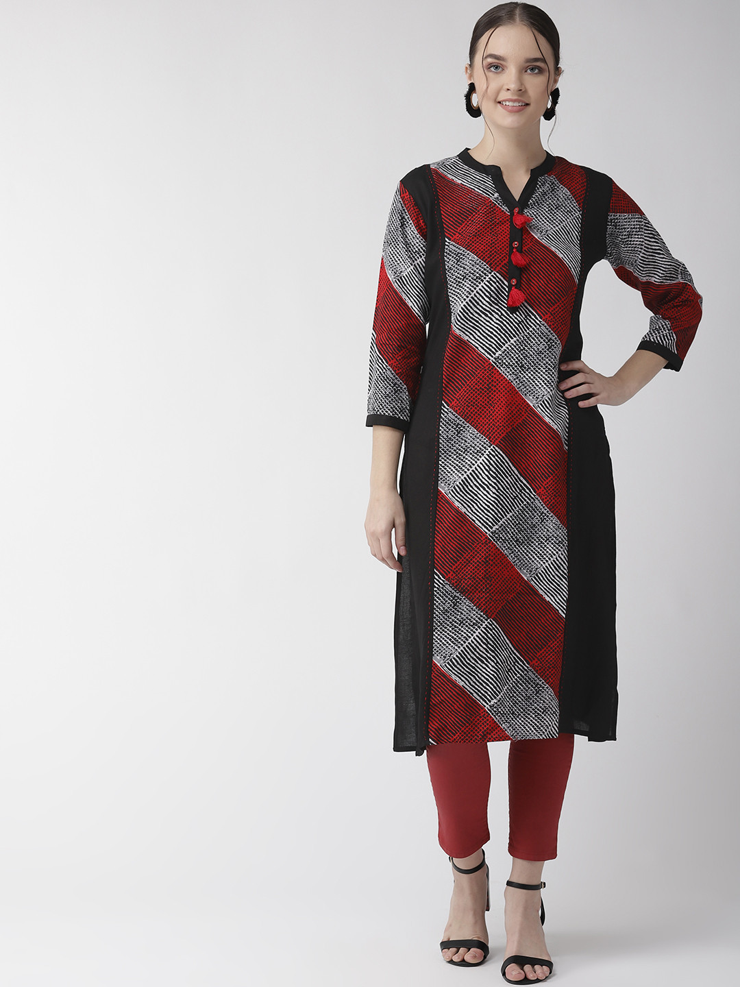 RANGMAYEE Women Black & Red Striped Straight Kurta