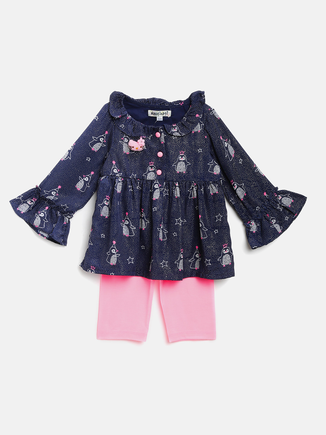 Nauti Nati Girls Navy Blue & Pink Printed Top with Leggings