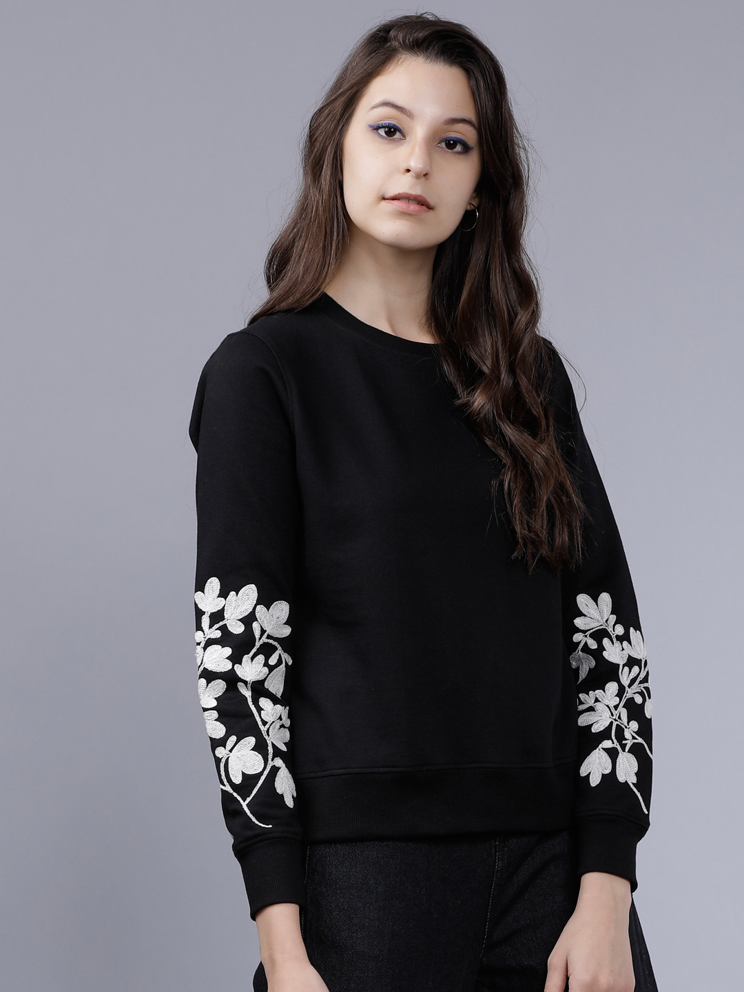 Tokyo Talkies Women Black Embroidered Sweatshirt