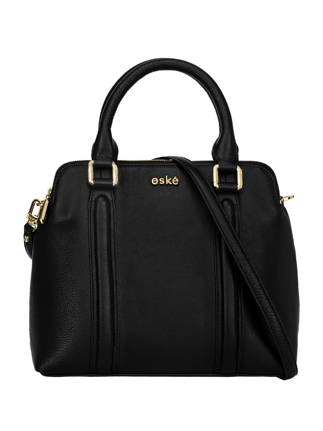 Eske Women Black Solid Sienna Leather Dual Zip Closure Contrast Handles Satchel Handbag