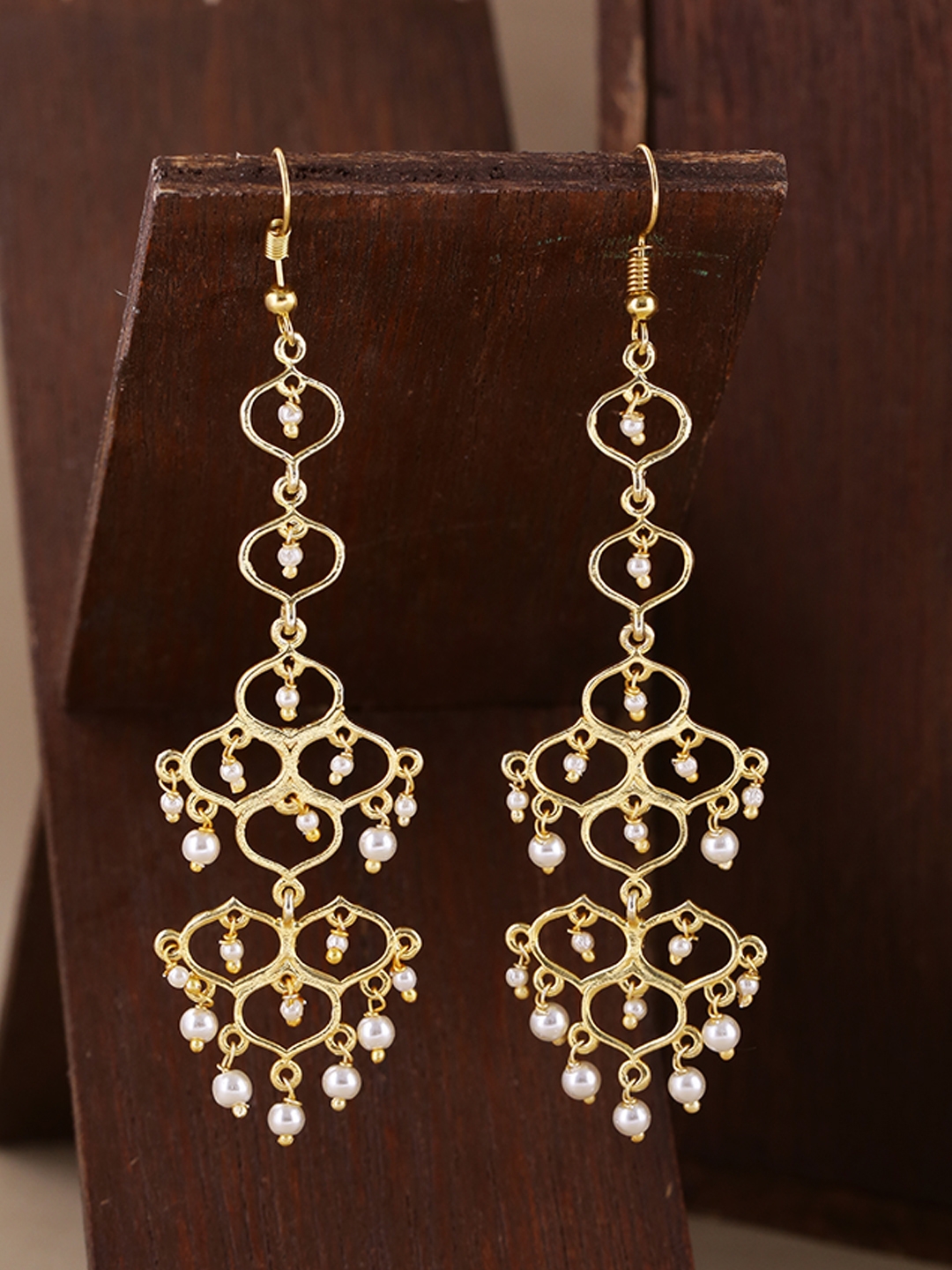 Voylla Brass Plated Gold Toned Contemporary Jaali Pearl Drop Earrings