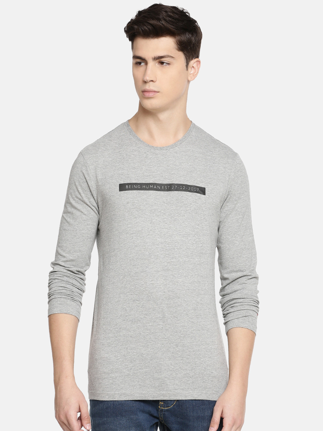 Being Human Clothing Men Grey Melange Solid Round Neck T-shirt