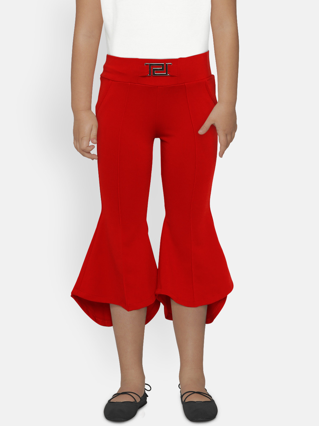 Peppermint Girls Red Solid Flared Jeggings