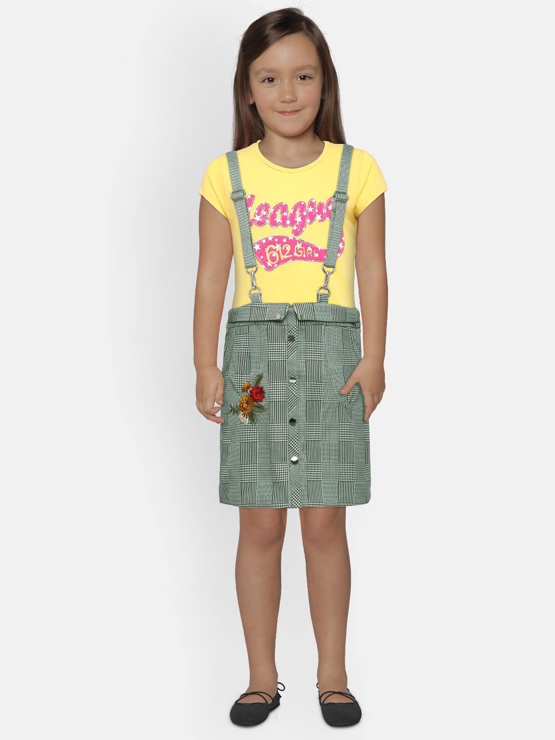 Peppermint Girls Green Checked A-Line Skirt with Suspenders
