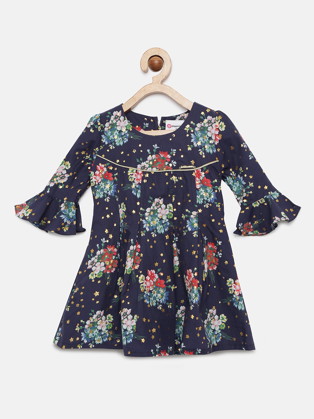 Peppermint Girls Navy Blue Floral Printed Fit and Flare Dress