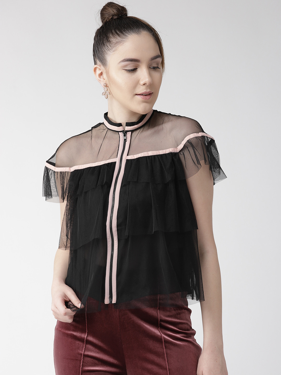 QUIERO Women Black Solid Semi-Sheer Layered A-Line Top
