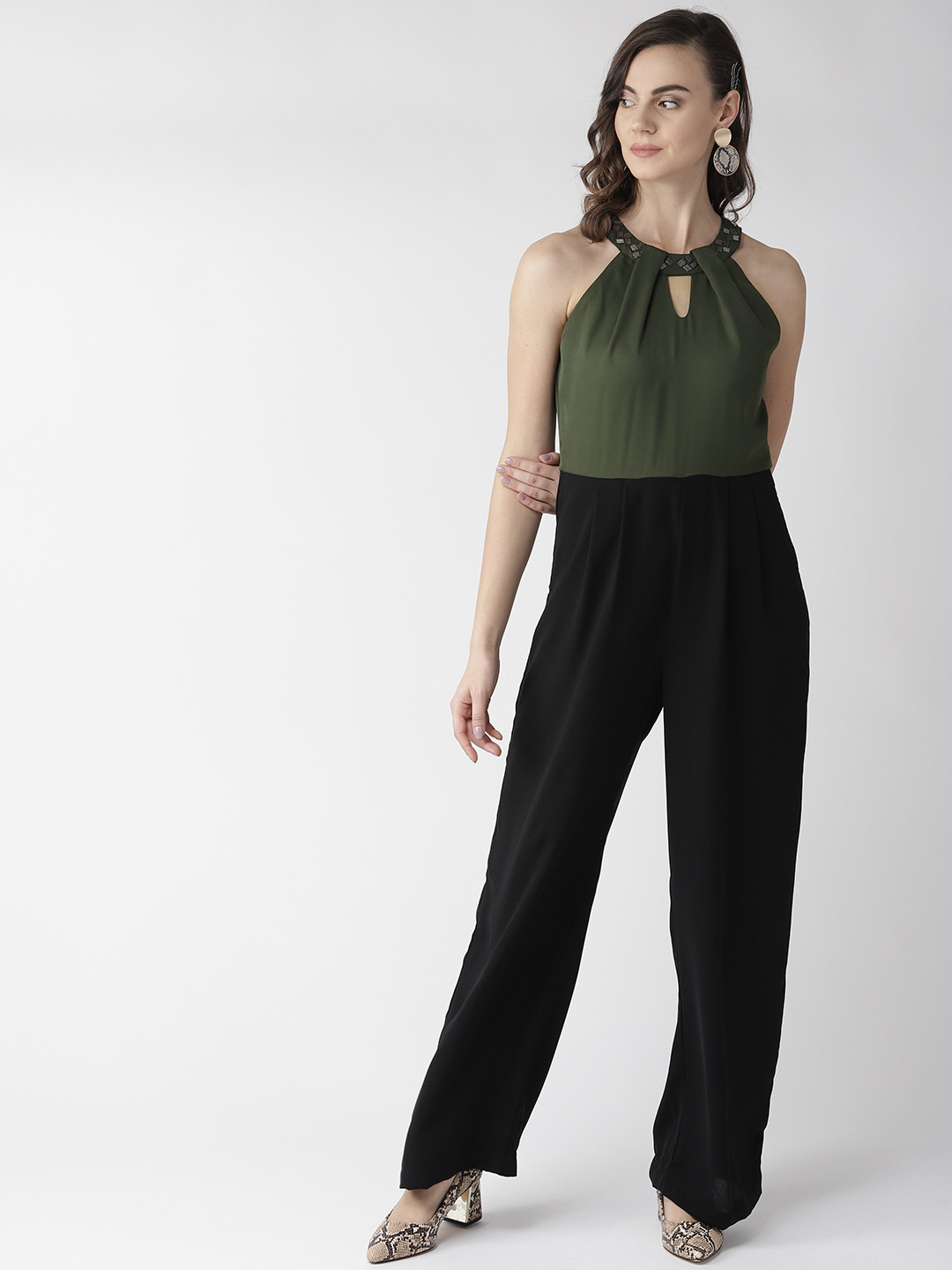 QUIERO Women Olive Green & Black Colourblocked Halter Neck Jumpsuit