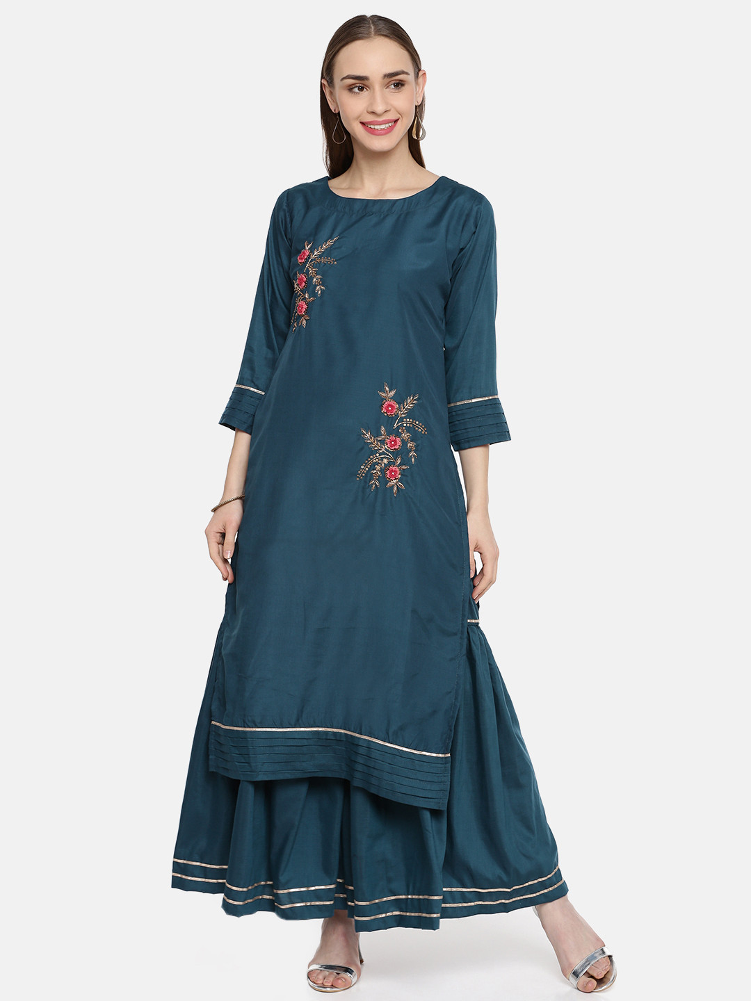 Kvsfab Women Teal Blue Embellished Kurta with Sharara