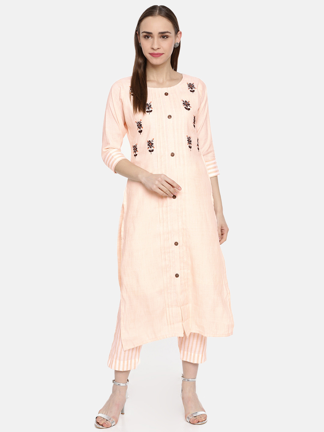 Kvsfab Women Peach-Coloured & White Embroidered Kurta with Trousers