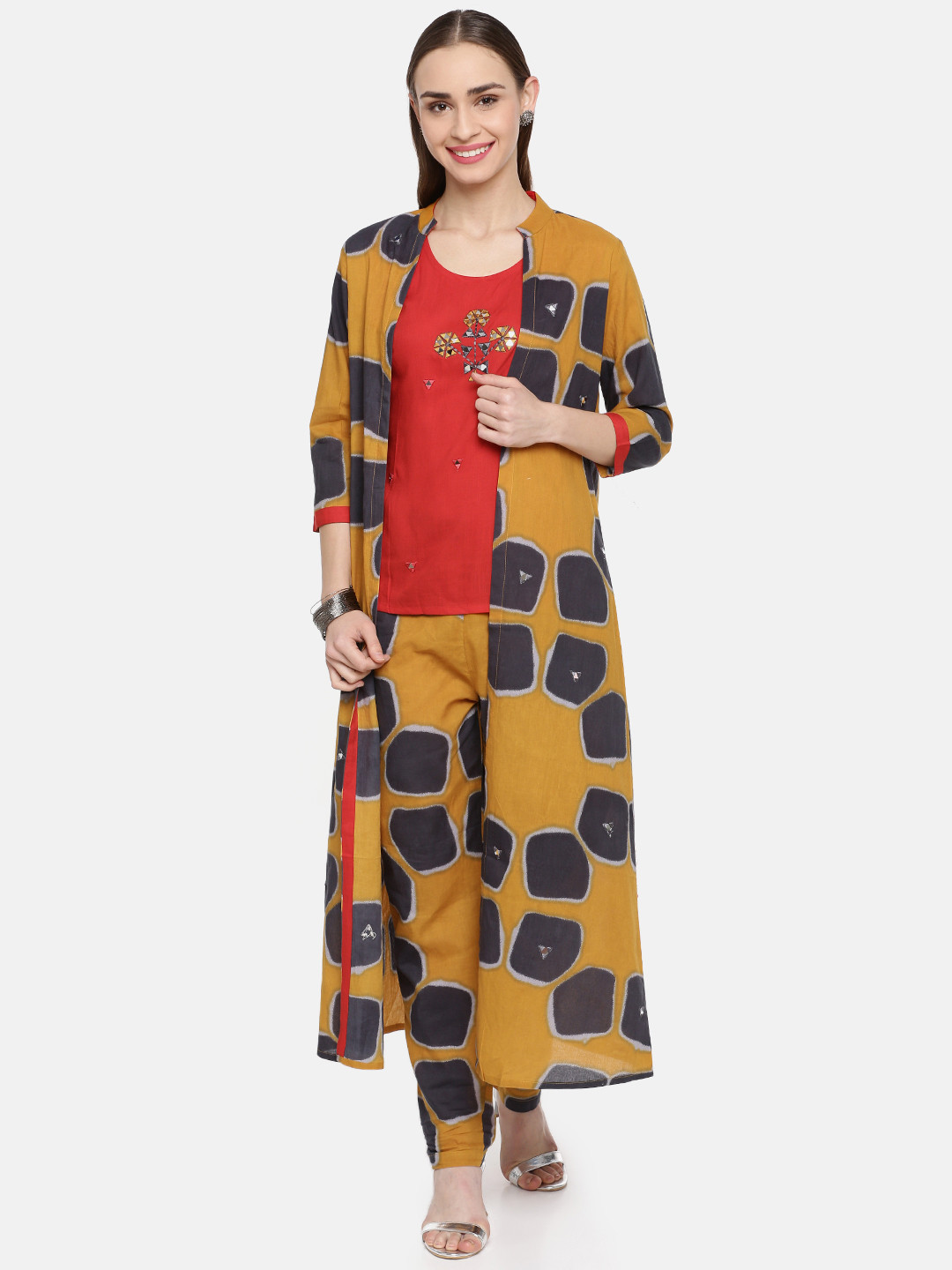 Kvsfab Women Red & Mustard Yellow Embroidered Kurta with Trousers & Ethnic Jacket