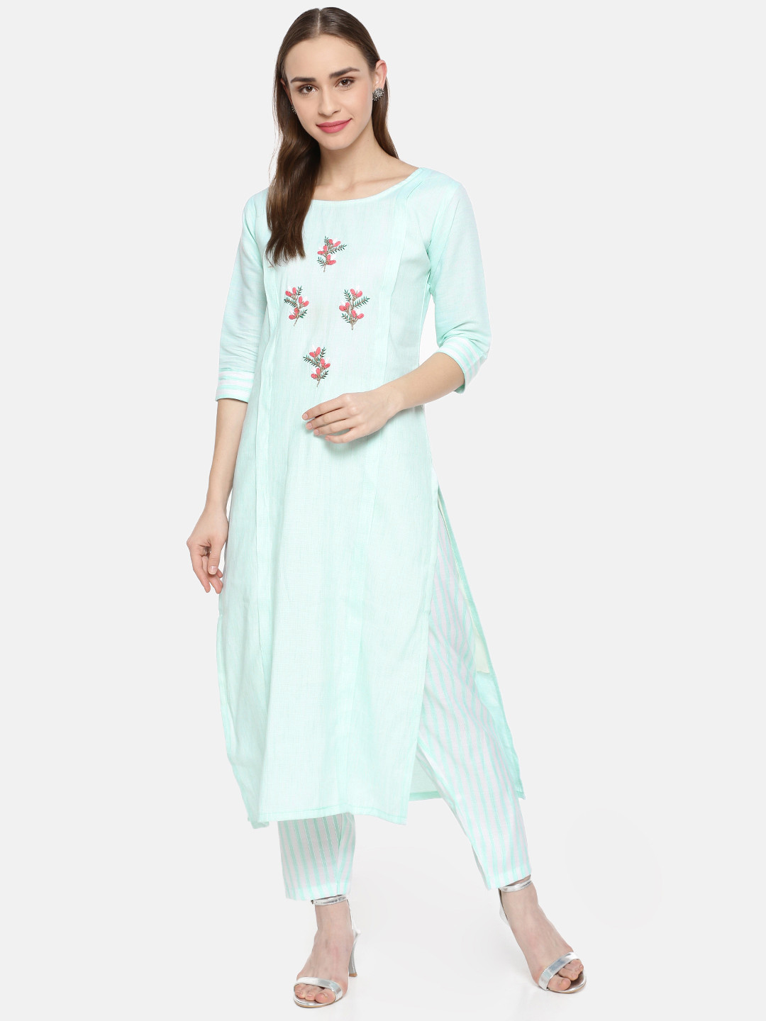 Kvsfab Women Sea Green & White Yoke Design Kurta with Trousers