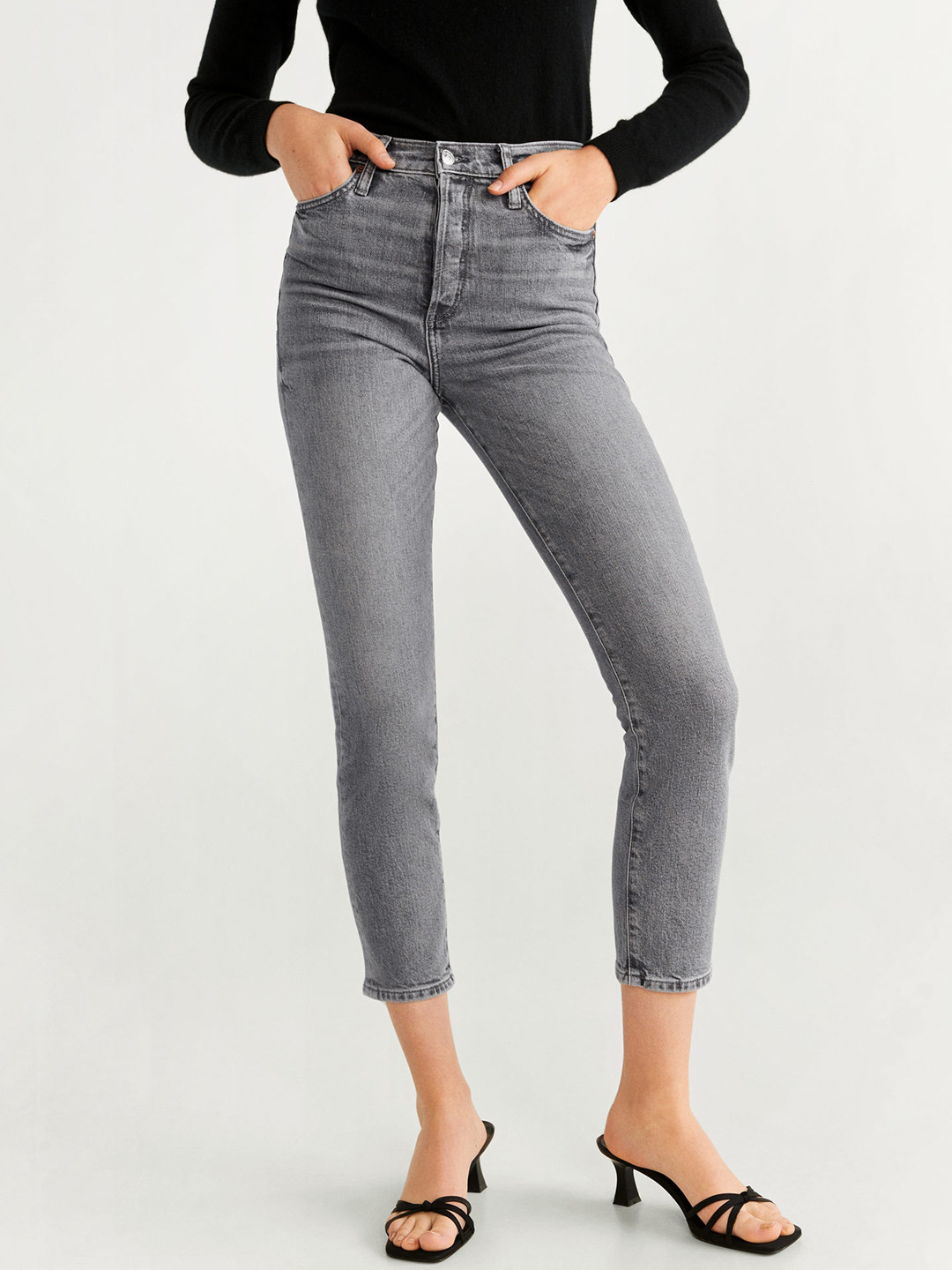MANGO Women Grey Slim Fit High-Rise Clean Look Stretchable Cropped Jeans