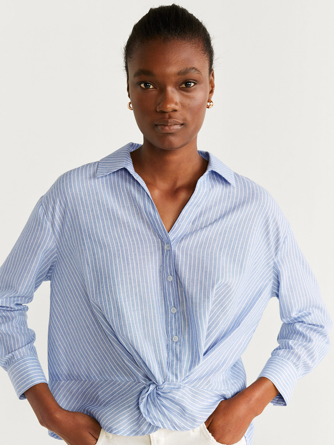 MANGO Women Blue & White Regular Fit Striped Casual Shirt