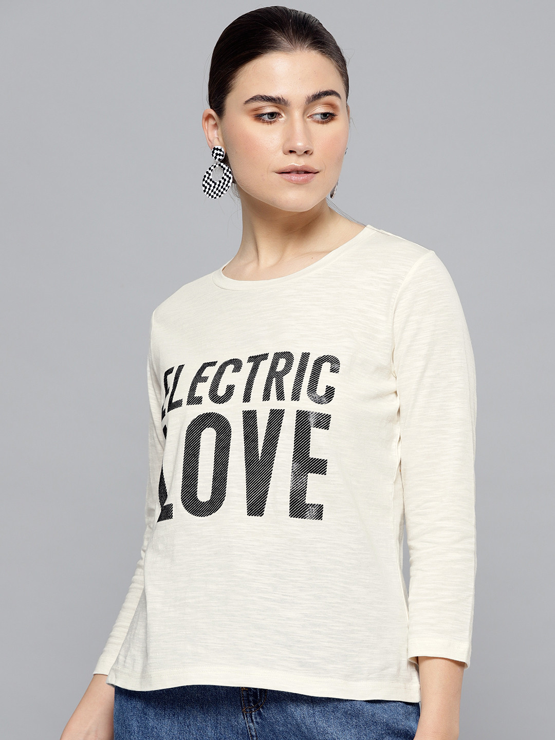 STREET 9 Women Off-White & Black Printed Round Neck T-shirt