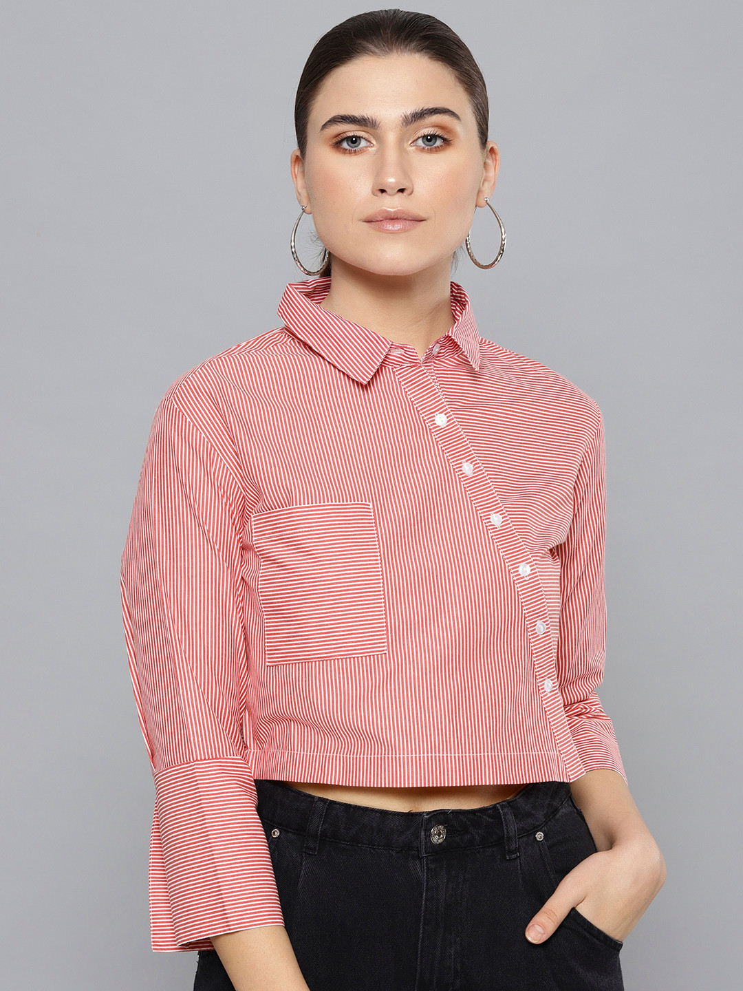 STREET 9 Women Red & White Regular Fit Striped Cropped Casual Shirt