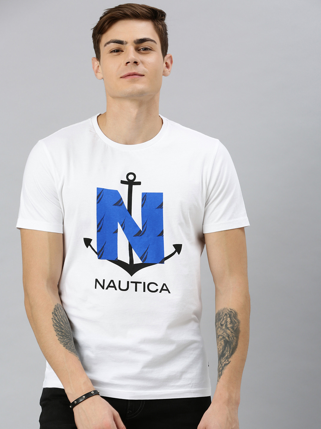 Nautica Men White Printed Round Neck  Cotton T-shirt