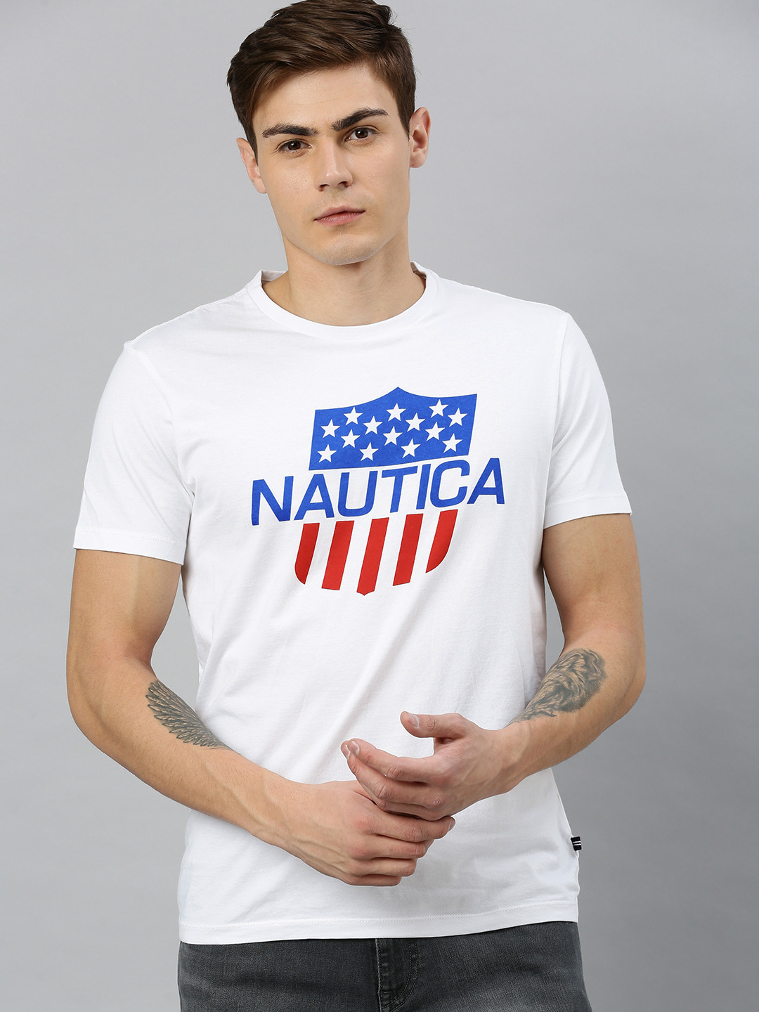 Nautica Men White Typography Print Round Neck  Cotton T-shirt
