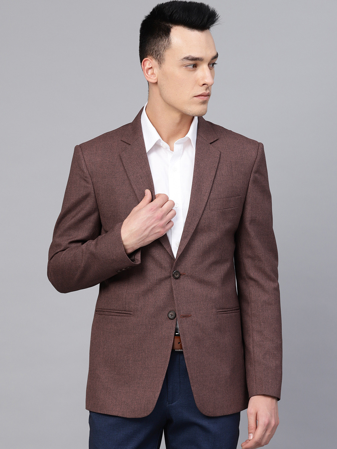 MANQ Copper Brown Solid Slim Fit Single-Breasted Formal Blazer