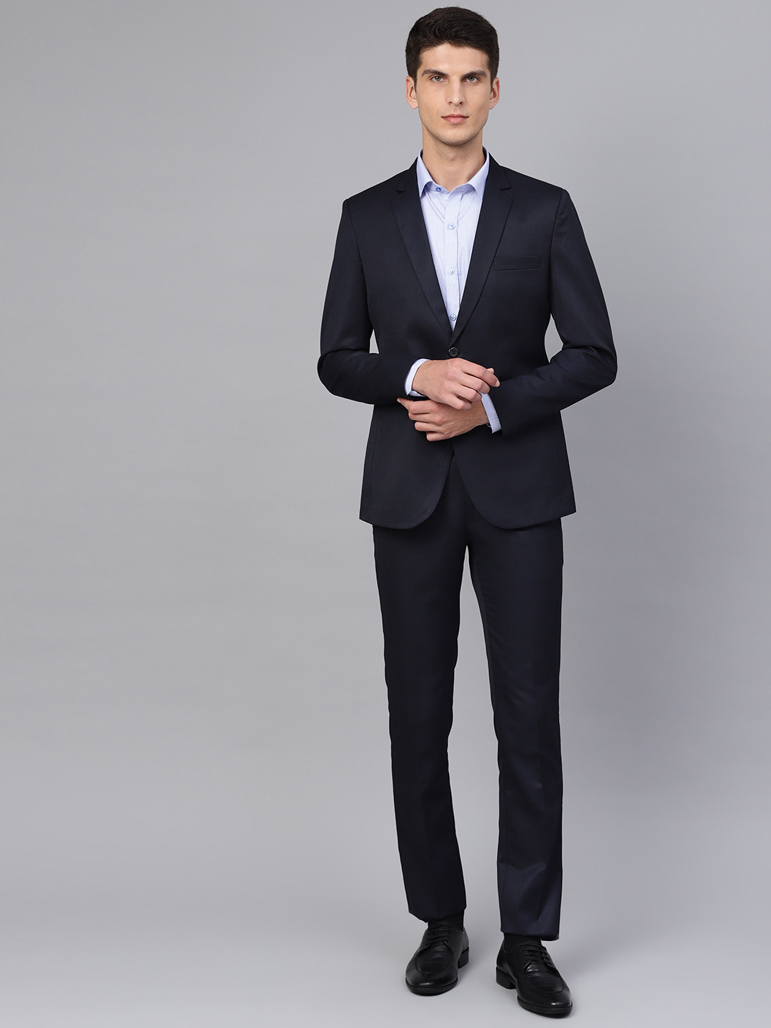 MANQ Men Navy Blue Solid Slim Fit Formal Suit