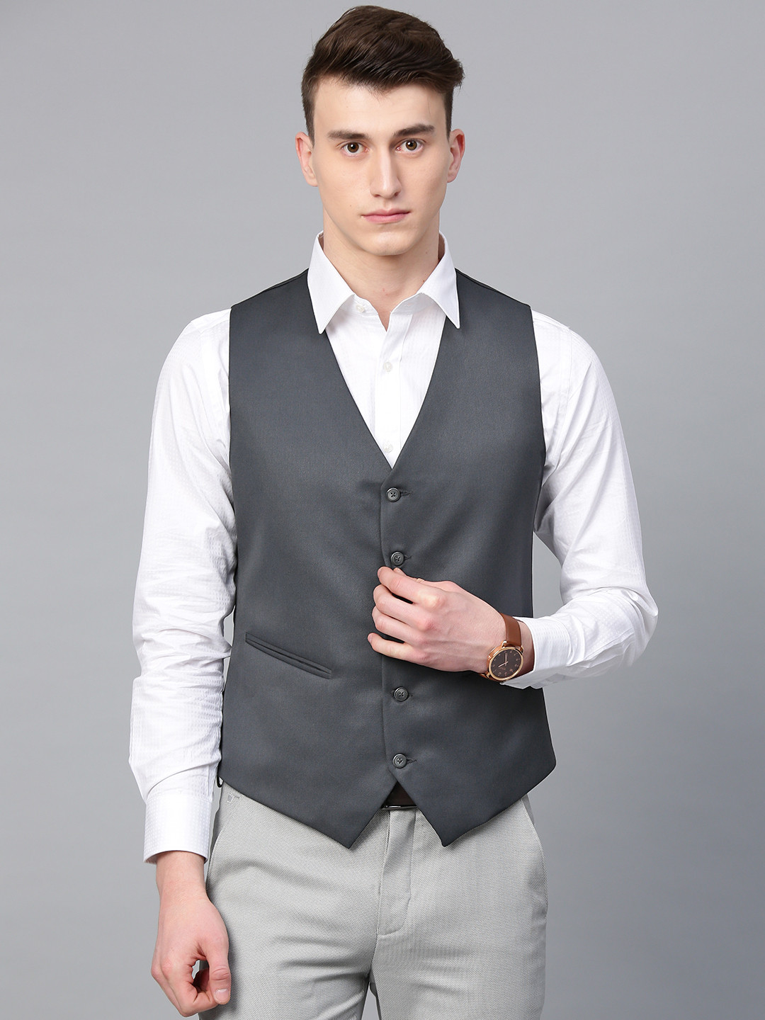 MANQ Men Charcoal Grey Solid Slim Fit Woven Formal Waistcoat