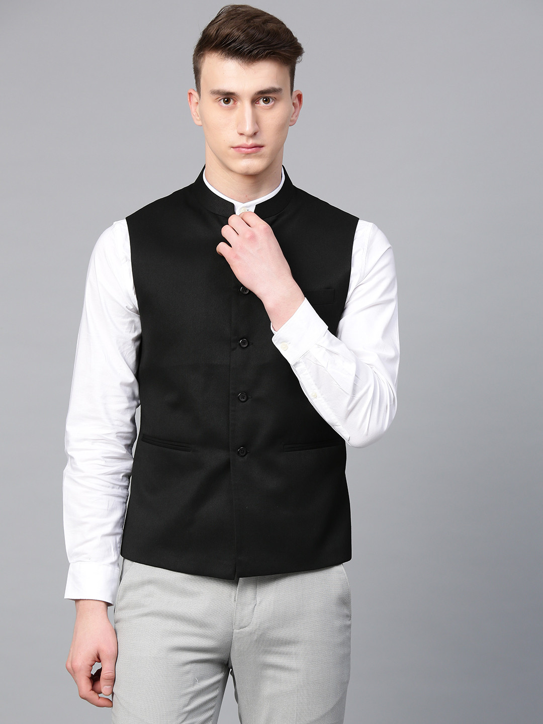 MANQ Men Black Slim Fit Solid Nehru Jacket