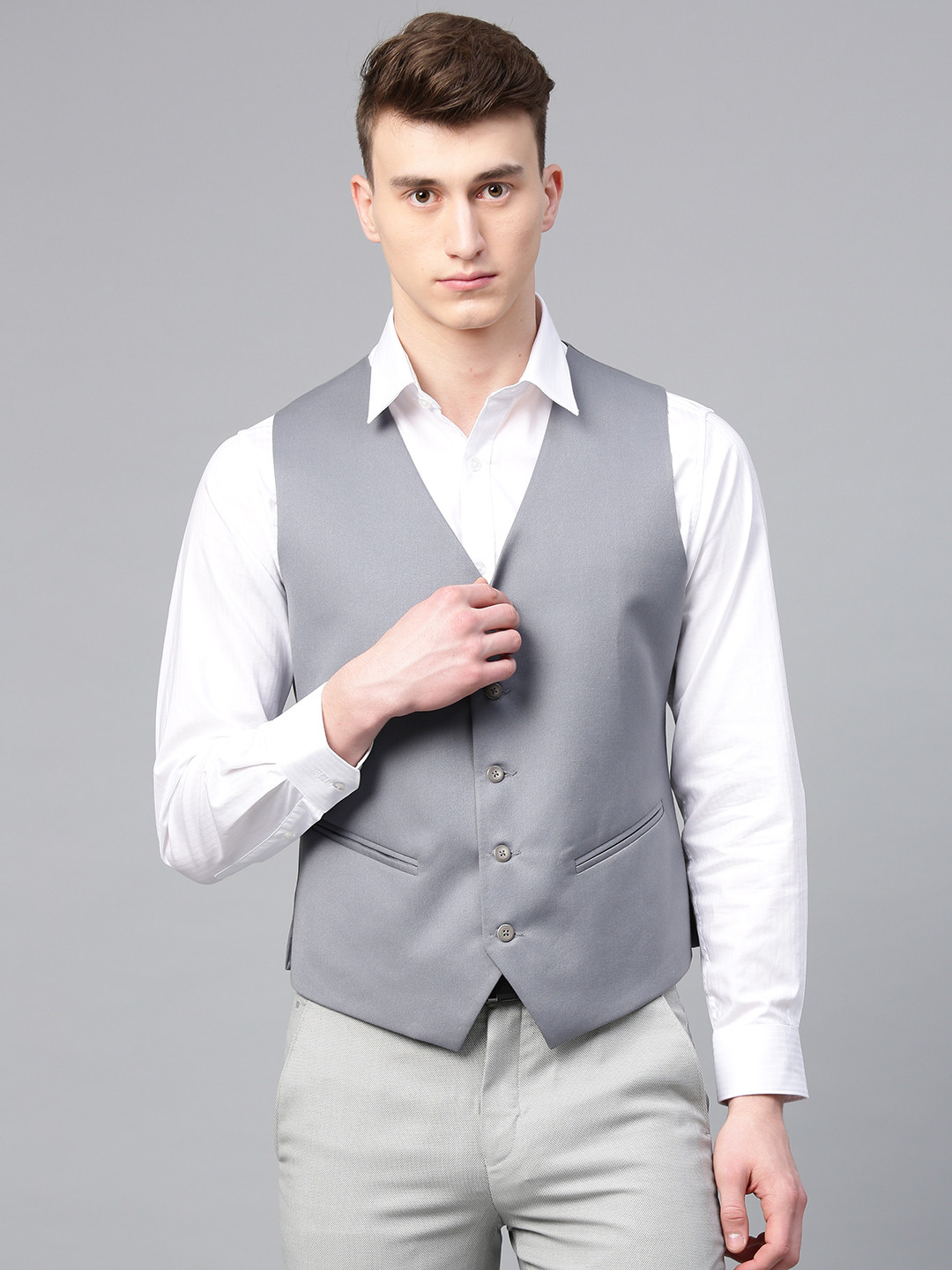 MANQ Men Grey Solid Slim Fit Single-Breasted Waistcoat