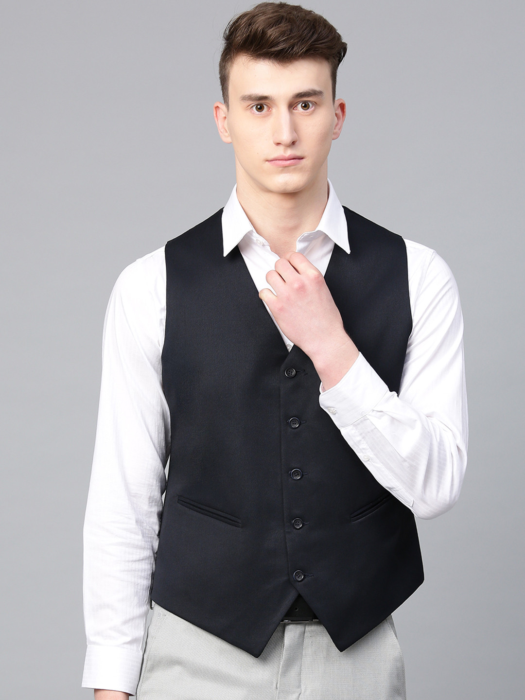 MANQ Men Navy Blue Solid Slim Fit Formal Waistcoat