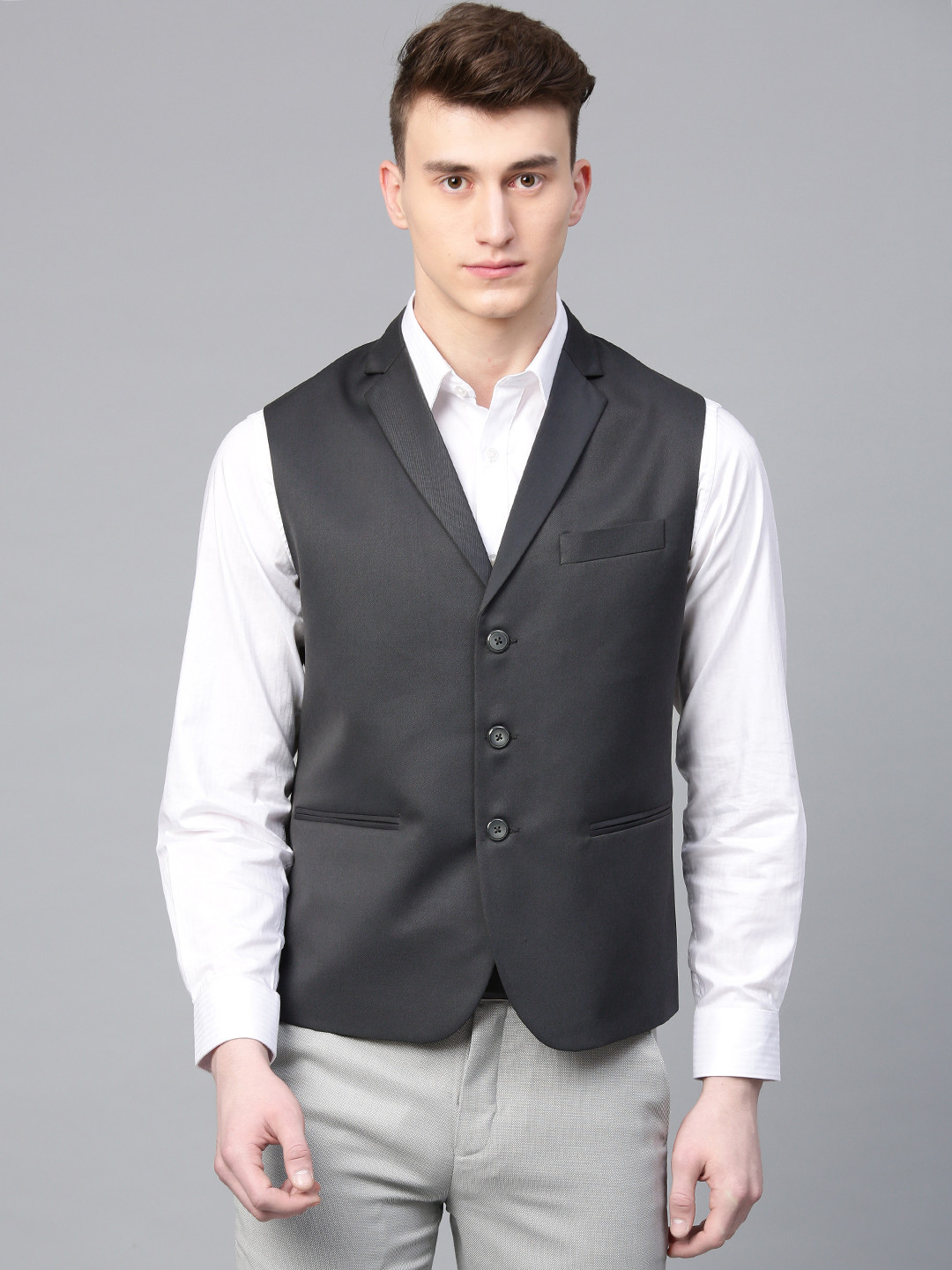 MANQ Men Charcoal Grey Solid Slim Fit Formal Waistcoat