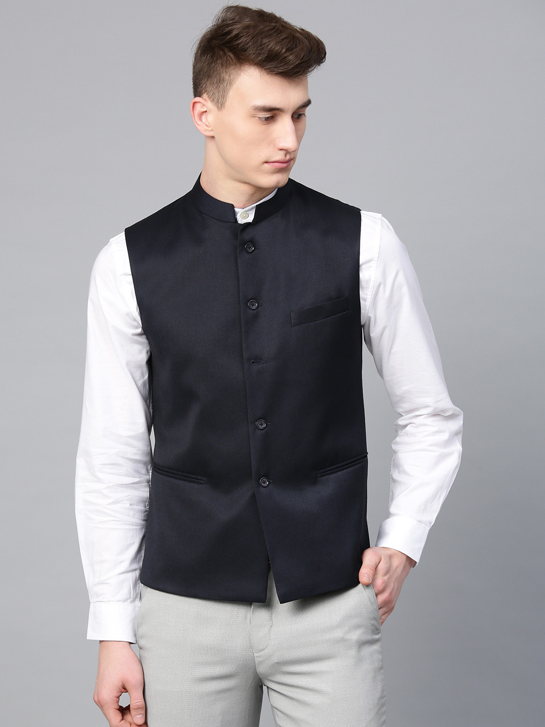 MANQ Men Navy Blue Solid Slim Fit Nehru Jacket